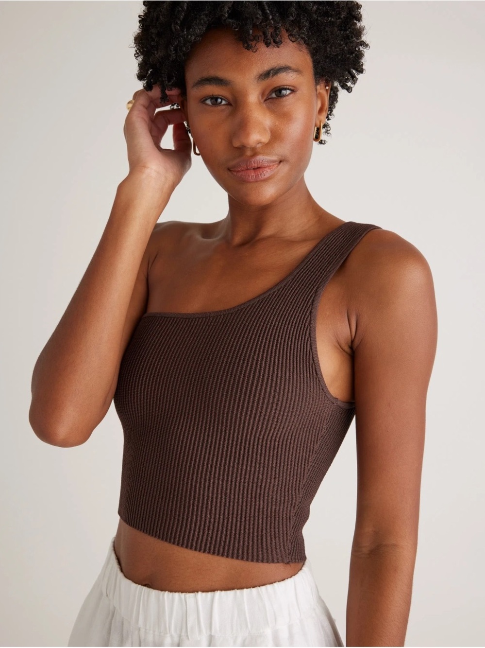 NWT Quince Ribbed Knit Brown One-Shoulder Crop Tank Top Large
